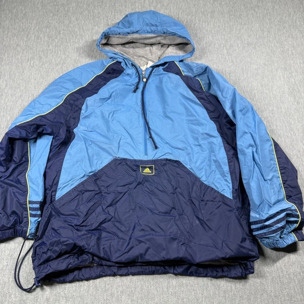 Adidas Windbreaker Mens XL Blue‎ Navy 1/4 Zip Pullover Jacket Hooded 90s Vintage